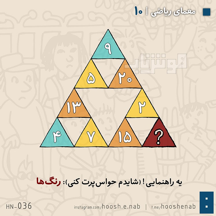معماهای هوش ناب :: معمای ریاضی ۱۰: مثلث‌های رنگی و اعداد